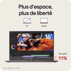 LG Gram 17Z90RU-G.AP55F - PC Portable 17" 1350g, écran DCI-P3 99% QHD+ Format, Intel® Evo™ i5-1334, RAM 16Go, SSD 512Go NVMe, In