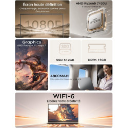 ACEMAGIC Ordinateurs Portables 15.6 Pouces Ryzen 5 7430U (6C/12threads,Jusqu'à 4.3Ghz) Pc Portable 16 Go Ram 512 Go SSD DDR4*2 D