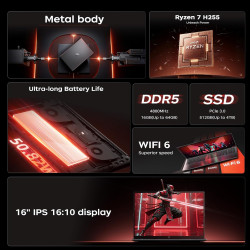 PC Portable Gamer 16,1" - Ordinateur Portable Ryzen 7 H255 (jusqu'à 4,90 GHz), 8C/16T - 4800MHz 16Go DDR5*2 + 512Go SSD M.2, écr