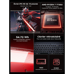 2026 PC Portable Gaming - Écran FHD 16,1'' avec Processeur Ryzen 7 7730U (Jusqu'à 4.5 GHz), 8C/16T - 16GB RAM DDR4x2 512GB M.2 S