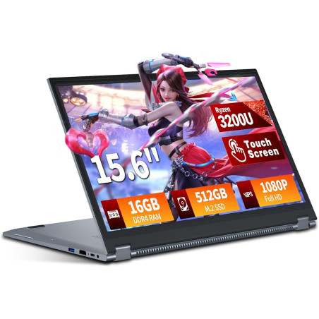 2 en 1 Écran Tactile 15,6 Pouces Ordinateur Portable Ryzen R3-3200U (jusqu'à 3,5 GHz) PC Portable 16Go RAM 512Go SSD 360 ° Rotat