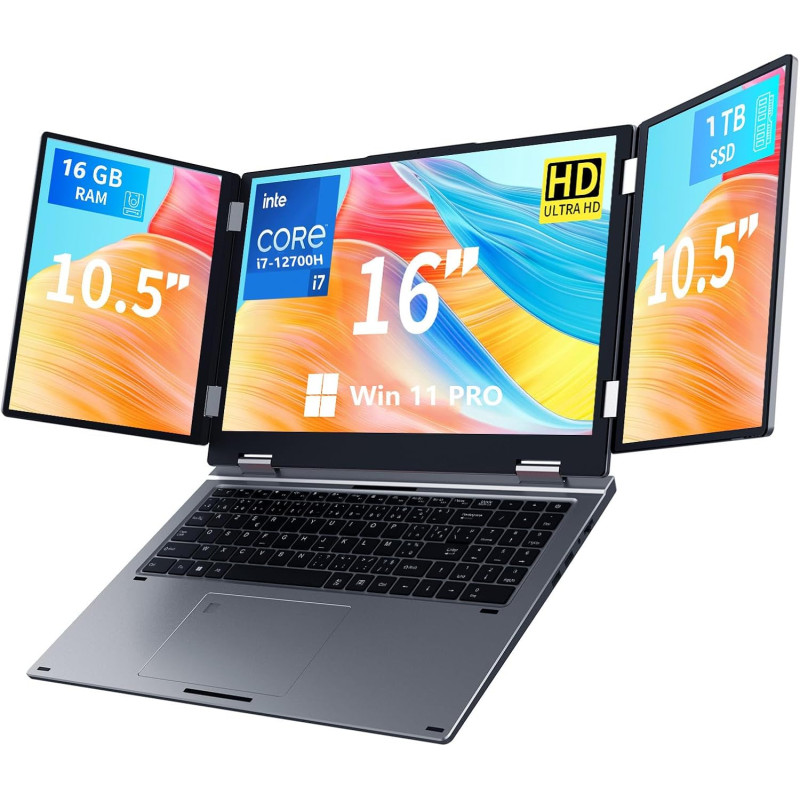 Ordinateur portable à triple écran, 16" principal + deux moniteurs 10,5", Core i7-12700H, 16 Go de RAM, 1 To SSD, Win 11 Pro, Wi