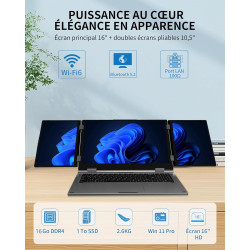 Ordinateur portable à triple écran, 16" principal + deux moniteurs 10,5", Core i7-12700H, 16 Go de RAM, 1 To SSD, Win 11 Pro, Wi