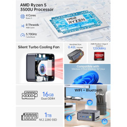 GMKtec Mini PC AMD Ryzen 5 W11 Pro 3500U (Plus performant Que Les 4300U/N150/N100/N95 4C/8T 4,50 GHz), Mini-Ordinateur G10, 16 G