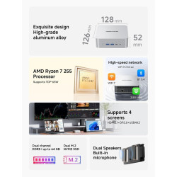 Minis forum ai x1-255 mini pc, ryzen 7 255 (8 cœurs / 16 threads, jusqu’à 4,9 ghz), 16 go ddr5, ssd m.2 512 go, usb4, hdmi/dp 4k