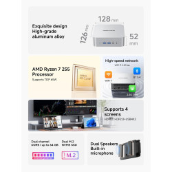 MINIS FORUM AI X1-255 Mini PC, Ryzen 7 255 (8C / 16T, jusqu'à 4,9 GHz), 32 Go DDR5 RAM 1 TB M.2 SSD, HDMI/DP / USB4 (4K @ 120Hz)