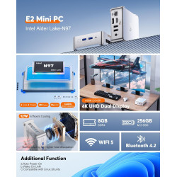 NiPoGi Essenx E2 Mini PC, Ιntel Alder Lake-Ν97(jusqu'à 3,6 GHz), 8 Go DDR4 256 Go M.2 SSD Mini Ordinateur de Bureau pour école/B