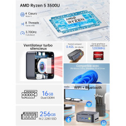 GMKtec Mini PC Ryzen 5 3500U (Surpasse 4300U/N150/N95), 16 Go RAM 256 Go SSD M.2, Mini Ordinateur de Bureau avec LAN 2,5G, Tripl