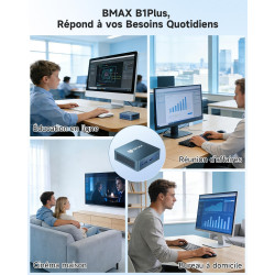 BMAX B1Plus Mini PC Win 11, Intel Celeron J3355(jusqu'à 2,5 GHz) 6 Go LPDDR3 RAM 128 Go eMMC SSD, Mini Ordinateur de Bureau Doub