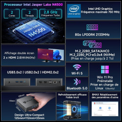 BMAX B3Pro Mini PC, Intel Celeron N4500 (jusqu'à 2,8 GHz), 8 Go RAM DDR4 + 256 Go M.2 SATA/NVMe SSD, Win-11Pro, Micro Ordinateur