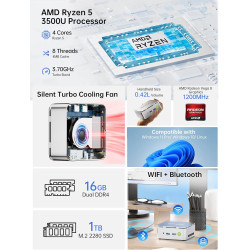 GMKtec Mini PC Ryzen 5 3500U (Beats N150, jusqu'à 3.7GHz), 16 Go RAM 1To M.2 SSD, Mini Ordinateur avec 2.5G LAN, Triple 4K Displ