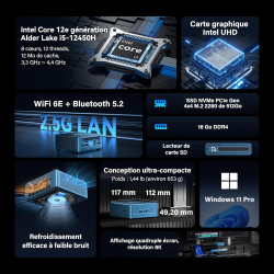 GEEKOM IT12 Mini PC avec Intel i5-12450H, 16Go DDR4 RAM(Évolutif) SSD 512Go(jusqu’à 4To), 2 caloducs cuivre, 2*USB4, Lecteur SD,