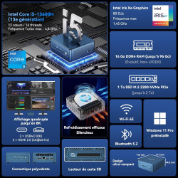 GEEKOM IT13 Mini PC avec Intel i5-13600H(12C/16T, jusqu'à 4,80 GHz), 1To SSD 16Go RAM (Évolutif, Non-LPDDR), Lecteur SD, Windows