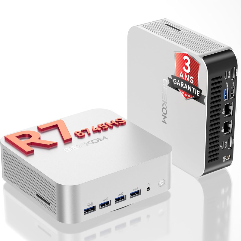 GEEKOM A8 Max Mini PC avec AMD Ryzen 7 8745HS, Double LAN 2,5 Gbps, 16 Go DDR5 + 1 to SSD NVMe M.2, Windows 11 Pro | 8 Ports USB