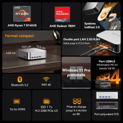 GEEKOM A8 Max Mini PC avec AMD Ryzen 7 8745HS, Double LAN 2,5 Gbps, 16 Go DDR5 + 1 to SSD NVMe M.2, Windows 11 Pro | 8 Ports USB