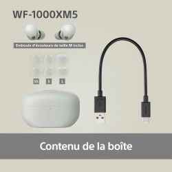 Sony wf-1000xm5 écouteurs sans fil à réduction de bruit, bleutooth, intra-auriculaires avec micro, 36 heures d'autonomie, charge