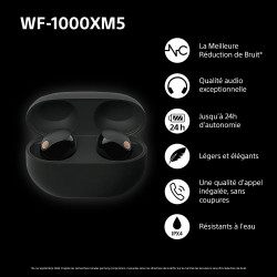 Sony wf-1000xm5 écouteurs sans fil à réduction de bruit, bleutooth, intra-auriculaires avec micro, 36 heures d'autonomie, charge