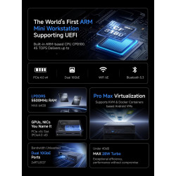 MINIS FORUM MS-R1 Workstation Mini Arm, CP8180 (12C/12T, Jusqu’à 2,6 GHz, 45 Tops), 64 GB LPDDR5，ECC Support, PCIe 4.0 x16, Doub