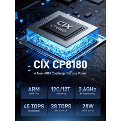MINIS FORUM MS-R1 Workstation Mini Arm, CP8180 (12C/12T, Jusqu’à 2,6 GHz, 45 Tops), 64 GB LPDDR5，ECC Support, PCIe 4.0 x16, Doub