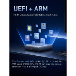 MINIS FORUM MS-R1 Workstation Mini Arm, CP8180 (12C/12T, Jusqu’à 2,6 GHz, 45 Tops), 64 GB LPDDR5，ECC Support, PCIe 4.0 x16, Doub