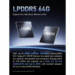 MINIS FORUM MS-R1 Workstation Mini Arm, CP8180 (12C/12T, Jusqu’à 2,6 GHz, 45 Tops), 64 GB LPDDR5，ECC Support, PCIe 4.0 x16, Doub