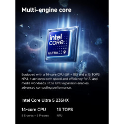 MINIS FORUM MS-02 Ultra Mini PC Station de Travail, Intel Core Ultra 5 235HX (14C/14T Jusqu’à 5,1 GHz), PCIe 5.0 x16, 4× DDR5, U