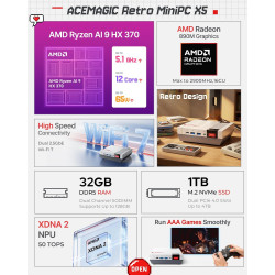 ACEMAGIC Retro X5 Mini PC Gaming, AMD Ryzen AI 9 HX 370(12C/24T,jusqu'à 5,1 GHz) 32Go DDR5 1To SSD, Radeon 890M, WiFi 7, Double 