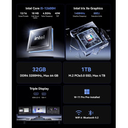 NiPoGi CK10 Mini PC Ιntel Core i5-12600H(12C/16T/Max 4,5GHz/18MB Cache) Dual Slots 32Go DDR4 1TB M.2 NVMe SSD Ordinateur de Bure