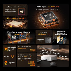 GEEKOM A9 Max Mini PC avec AMD Ryzen AI 9 HX 470 (12C/24T, Jusqu’à 5,2 GHz) AMD Radeon 890M, 32 Go DDR5 2To SSD, Double LAN 2,5 