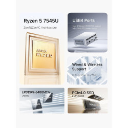 Minis forum um750l mini pc slim, amd ryzen 5 7545u (6 cœurs/12 threads, jusqu’à 4,9 ghz), 16 go lpddr5, ssd 1 to pcie 4.0, dp/hd
