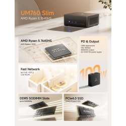 MINIS FORUM UM760 Slim Mini PC, processeur AMD Ryzen 5 7640HS Mini Computer (6C/12T, jusqu'à 5,0 GHz), 16 Go de RAM DDR5 et 1 to
