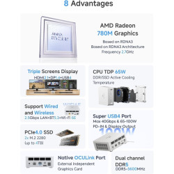 MINIS FORUM UM880 Plus Mini PC, AMD Ryzen 7 8845HS (8 cœurs/16 Threads, jusqu'à 5,1 GHz), Carte Graphique Radeon 780M, OCuLink, 