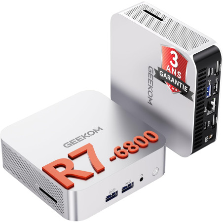 GEEKOM A6 Mini PC avec AMD Ryzen 7 6800H, AMD Radeon 680M, 16Go DDR5 RAM 1TB SSD (Extensible Double Slot) USB4, Lecteur SD, Wind