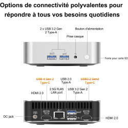 GEEKOM A6 Mini PC avec AMD Ryzen 7 6800H, AMD Radeon 680M, 16Go DDR5 RAM 1TB SSD (Extensible Double Slot) USB4, Lecteur SD, Wind