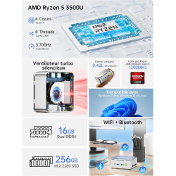 GMKtec G10 Mini PC 3 ans d'assistance AMD Ryzen 5 3500U 3,7 GHz Beats 4300U 16Go DDR4 RAM 512Go PCIe3.0x4 SSD, Mini Ordinateur d