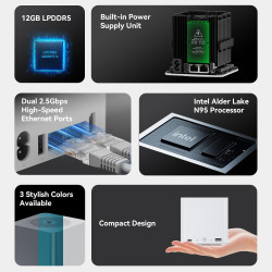 Beelink me mini pc, nas de bureau, intel alder lake n95 (4c/4t, jusqu'à 3,4 ghz), 12 go lpddr5, ssd m.2 64 go, mini-ordinateur, 