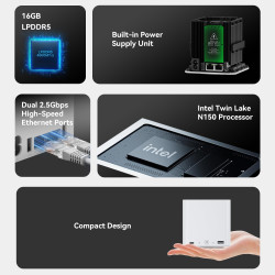 Beelink me mini pc, nas de bureau, intel twin lake-n150 (4c/4t, jusqu'à 3,6 ghz), 16 go lpddr5, ssd m.2 1 to, mini-ordinateur, 6