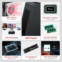 Beelink Mini PC SER5, AMD Ryzen 5 5500U (6C/12T, jusqu'à 4.0GHz), 32GB DDR4/500GB M.2 NVMe 2280 SSD, WiFi 6, BT5.2, HDMI/DP/Type