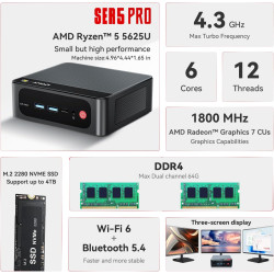 Beelink SER5 Mini PC, AMD Ryzen 5 5625U(6C/12T jusqu'à 4.3Ghz), 16GB DDR4 480GB M.2 NVMe SSD Mini Computer, WiFi6, BT5.2, Dual H