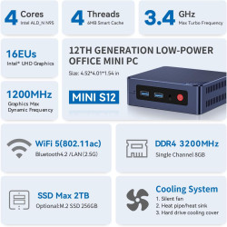 Beelink Mini PC, processeur Alder Lake N95 de 12e génération (Turbo à 3,4 GHz), Mini-Ordinateur avec 8 Go DDR4 et SSD 256 Go, Pr