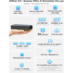 GMKtec K13 Mini PC Intel Ultra 7 256V|LAN 5G|Alimentation PD (8C/8T jusqu'à 4,8 GHz) Mini Ordinateur avec 16 Go DDR5 8533MT/s 51