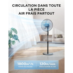 Midea Ventilateur sur Pied 107,5–122 cm, 40 W, 5 pales de 40 cm de diamètre, oscillant, 3 vitesses, hauteur réglable, moteur en 