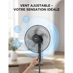 Midea Ventilateur sur Pied 107,5–122 cm, 40 W, 5 pales de 40 cm de diamètre, oscillant, 3 vitesses, hauteur réglable, moteur en 