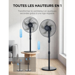 Midea Ventilateur sur Pied 107,5–122 cm, 40 W, 5 pales de 40 cm de diamètre, oscillant, 3 vitesses, hauteur réglable, moteur en 