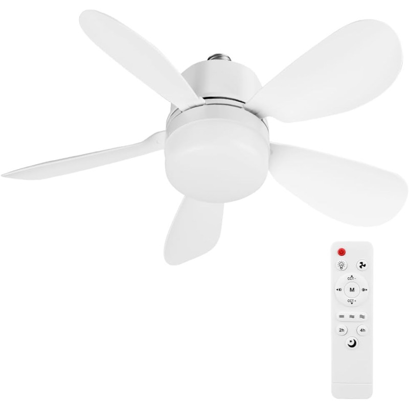 Ventilateur de Plafond avec Lumière et Telecommande, E27/E26 Lampe de Ventilateur LED Dimmable Plafonnier Timing, 5 Pales, Silen