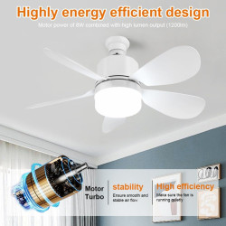 Ventilateur de Plafond avec Lumière et Telecommande, E27/E26 Lampe de Ventilateur LED Dimmable Plafonnier Timing, 5 Pales, Silen