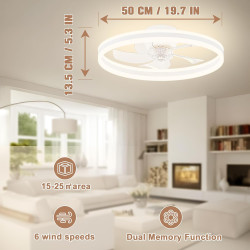 VOLISUN Ventilateur de plafond avec éclairage et télécommande, 6 niveaux de vent et intensité variable, plafonnier moderne avec 
