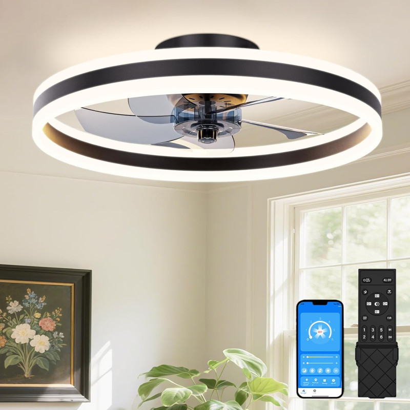 VOLISUN Ventilateur de Plafond avec Lumière LED Dimmable et Télécommande, 6 Vitesses, Silencieux pour Chambre et Salon (Noir, 40
