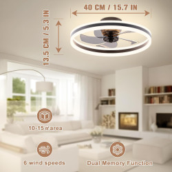 VOLISUN Ventilateur de Plafond avec Lumière LED Dimmable et Télécommande, 6 Vitesses, Silencieux pour Chambre et Salon (Noir, 40