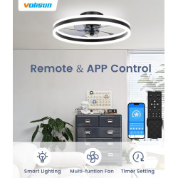VOLISUN Ventilateur de Plafond avec Lumière LED Dimmable et Télécommande, 6 Vitesses, Silencieux pour Chambre et Salon (Noir, 40